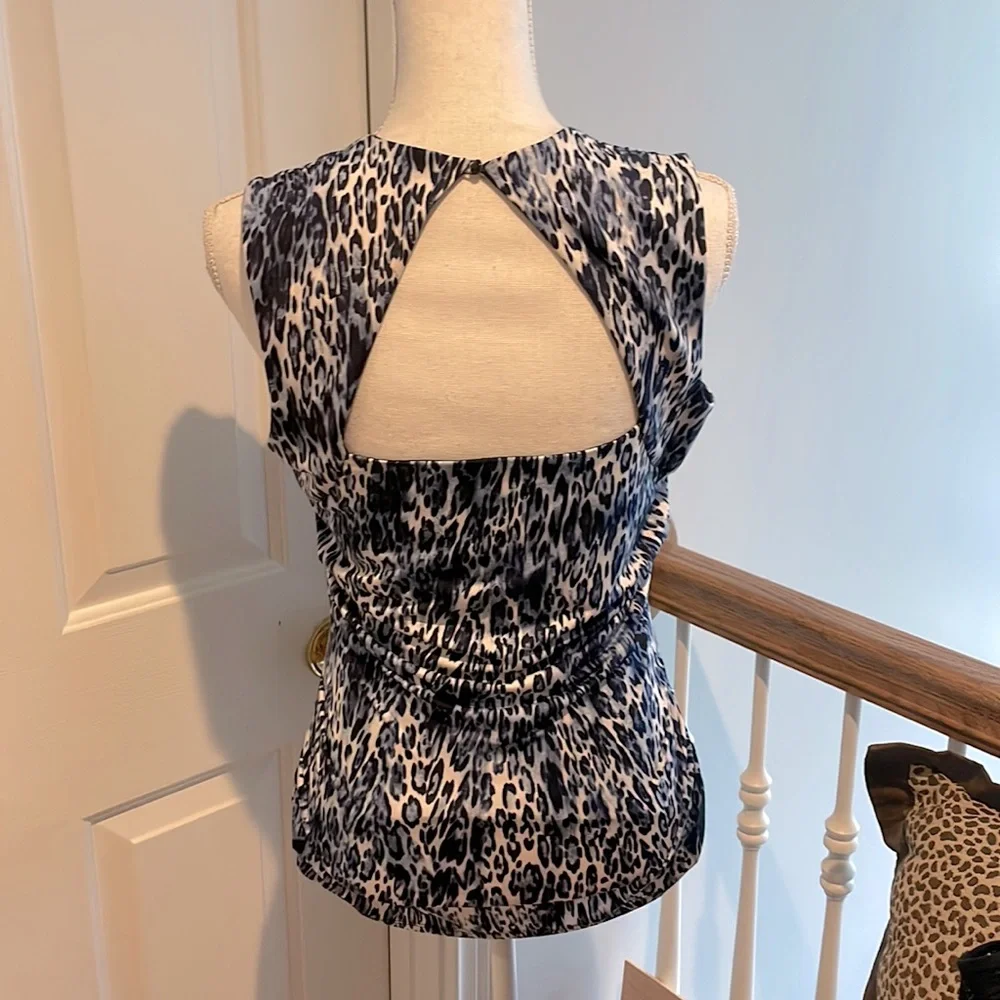 Caché Vintage Blue & White Animal Print Top w/ Cut-Out in Back - Picture 5 of 8